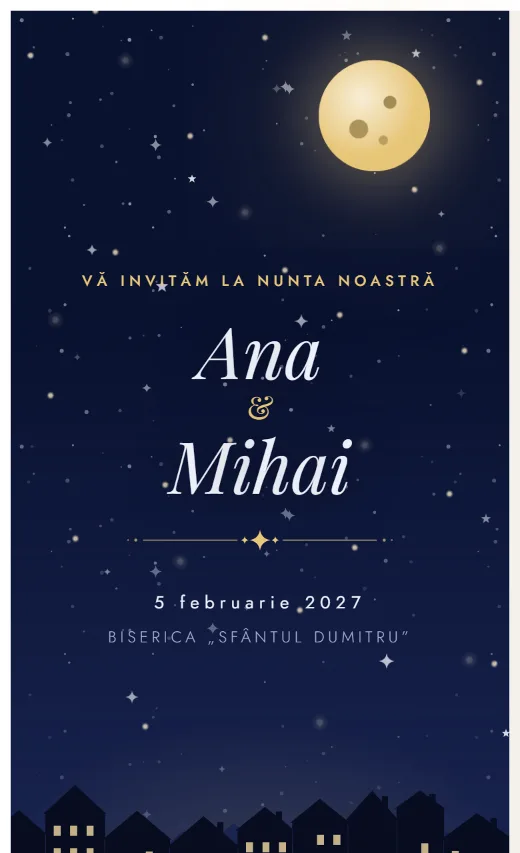 Invitație digitală de nuntă, model Miezul nopții