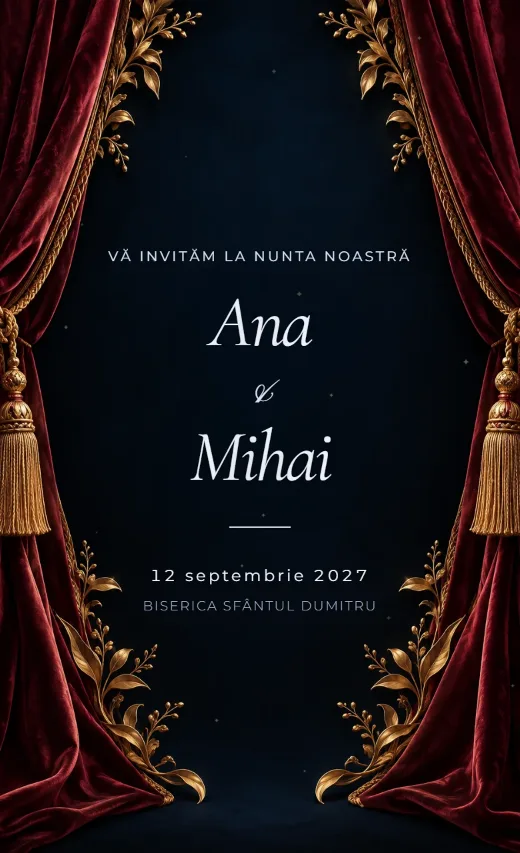 Invitație digitală de nuntă, model Operă de aur