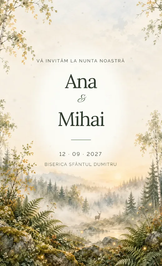 Invitație digitală de nuntă, model Pădure de mesteceni