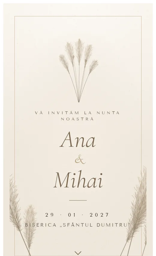 Invitație digitală de nuntă, model Pampas