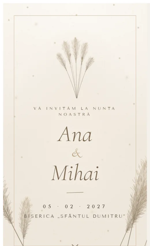 Invitație digitală de nuntă, model Pampas