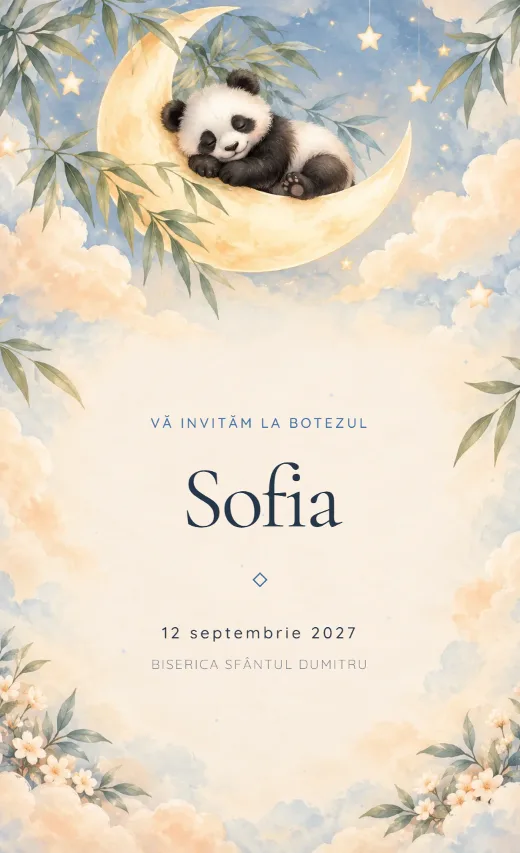 Invitație digitală de botez, model Panda în nori