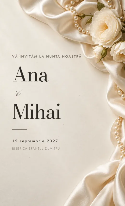 Invitație digitală de nuntă, model Perle și satin