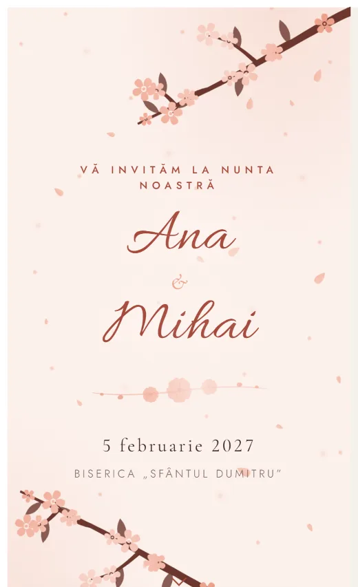 Invitație digitală de nuntă, model Flori de piersic