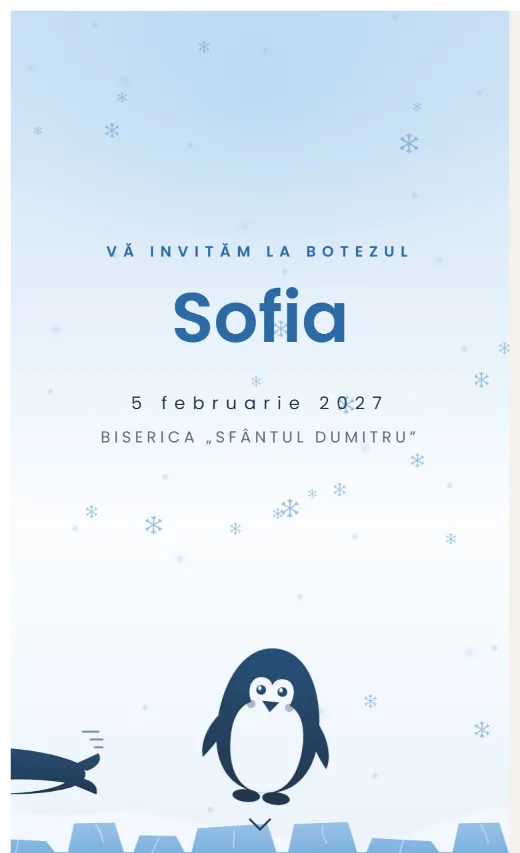 Invitație digitală de botez, model Pinguin