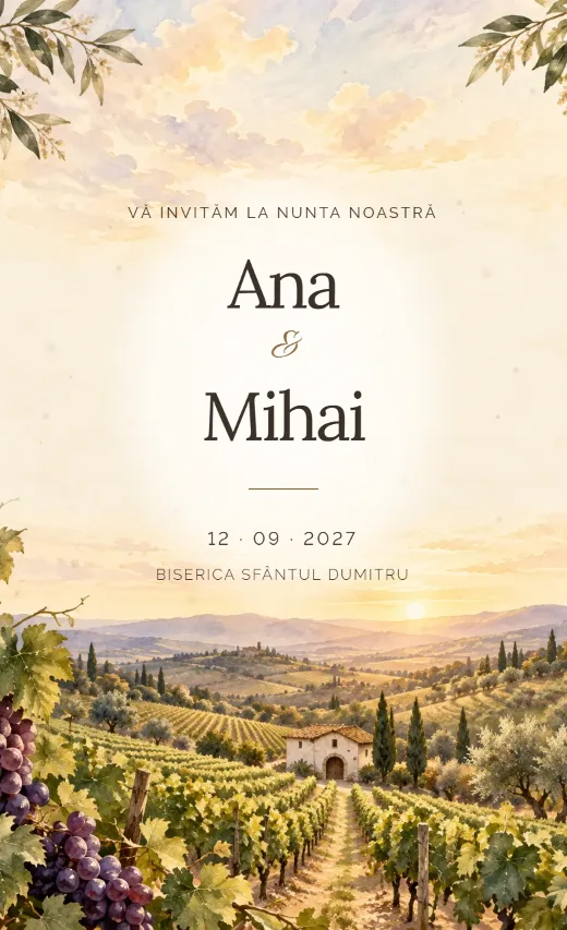 Invitație digitală de nuntă, model Podgorie la apus