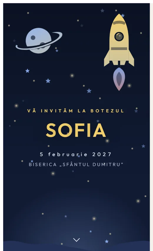 Invitație digitală de botez, model Rachetă