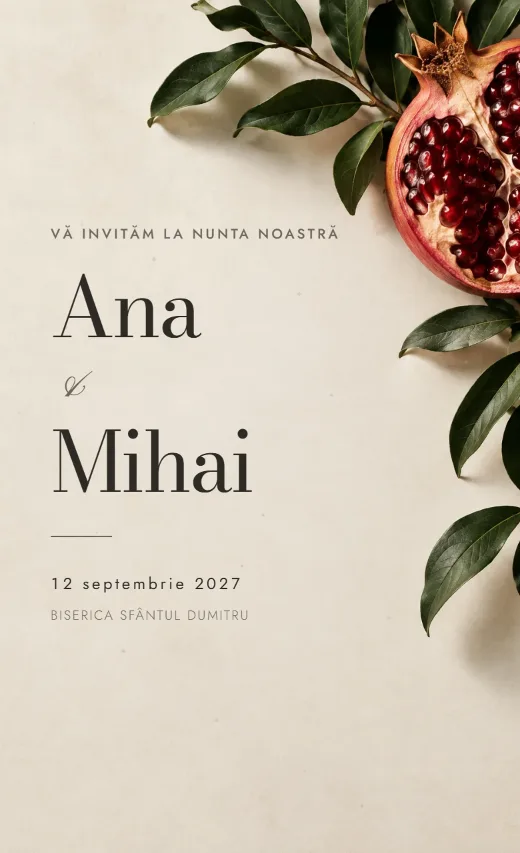 Invitație digitală de nuntă, model Rodie editorială