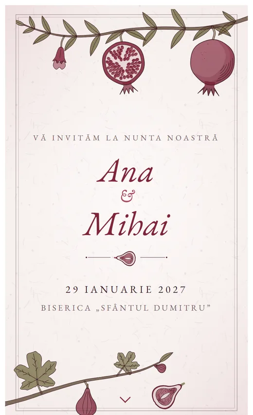 Invitație digitală de nuntă, model Rodie