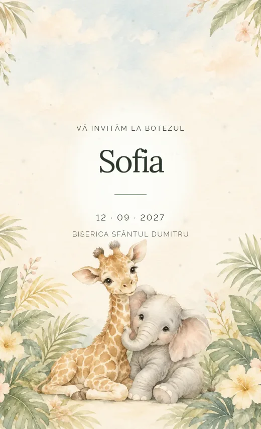 Invitație digitală de botez, model Safari pastel