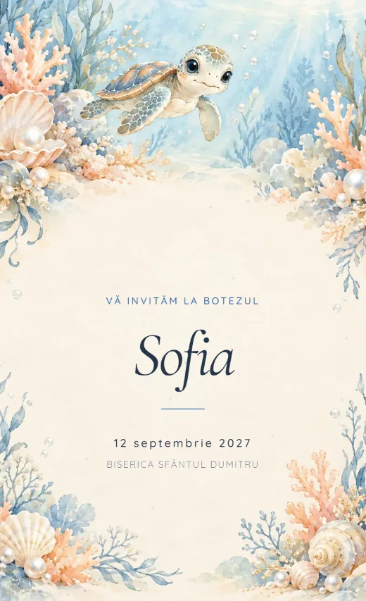 Invitație digitală de botez, model Steluță de mare