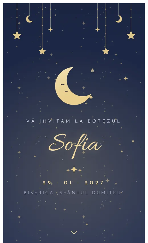 Invitație digitală de botez, model Steluțe