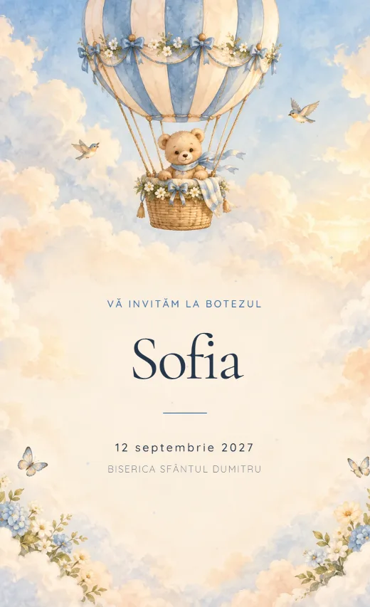 Invitație digitală de botez, model Ursuleț aeronaut