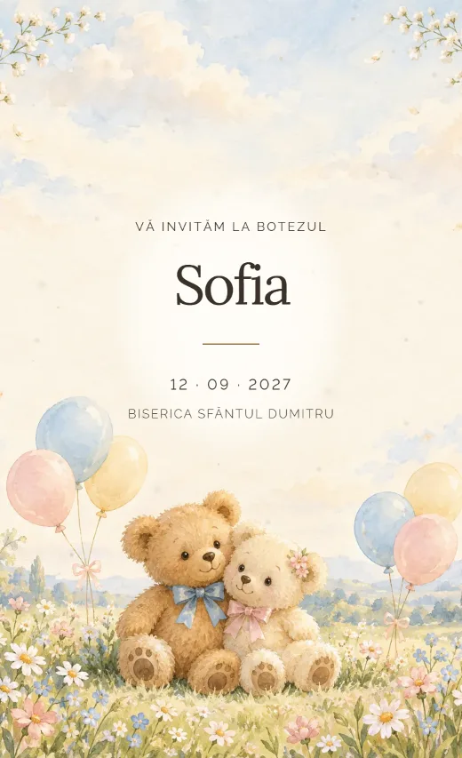 Invitație digitală de botez, model Ursuleți și baloane