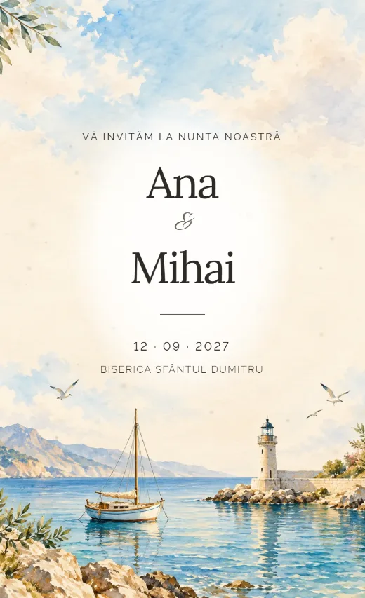 Invitație digitală de nuntă, model Vapor în port
