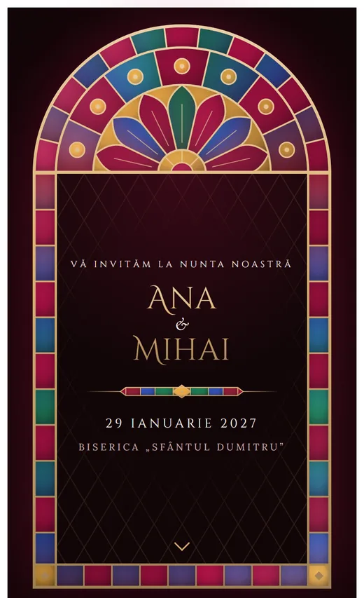 Invitație digitală de nuntă, model Vitraliu
