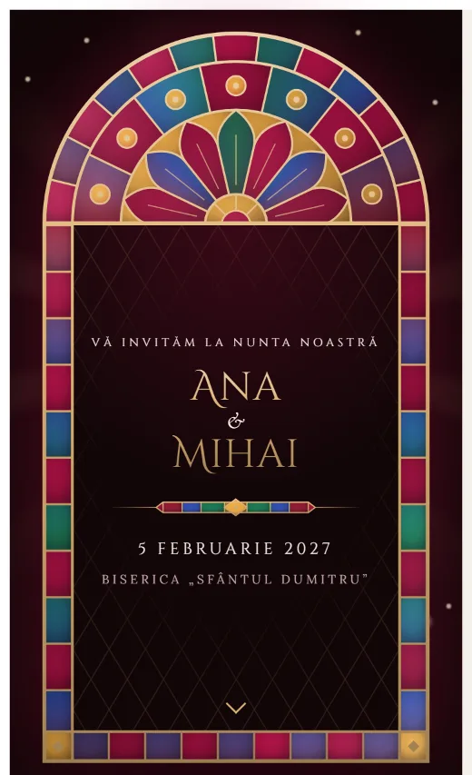Invitație digitală de nuntă, model Vitraliu