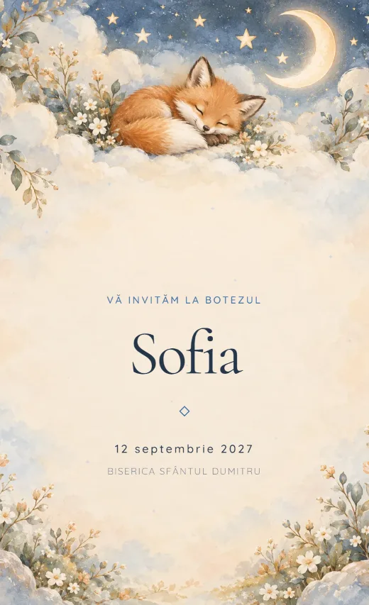 Invitație digitală de botez, model Vulpea cu stele