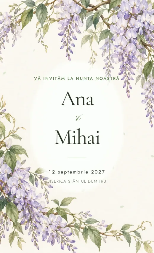 Invitație digitală de nuntă, model Wisteria pastel